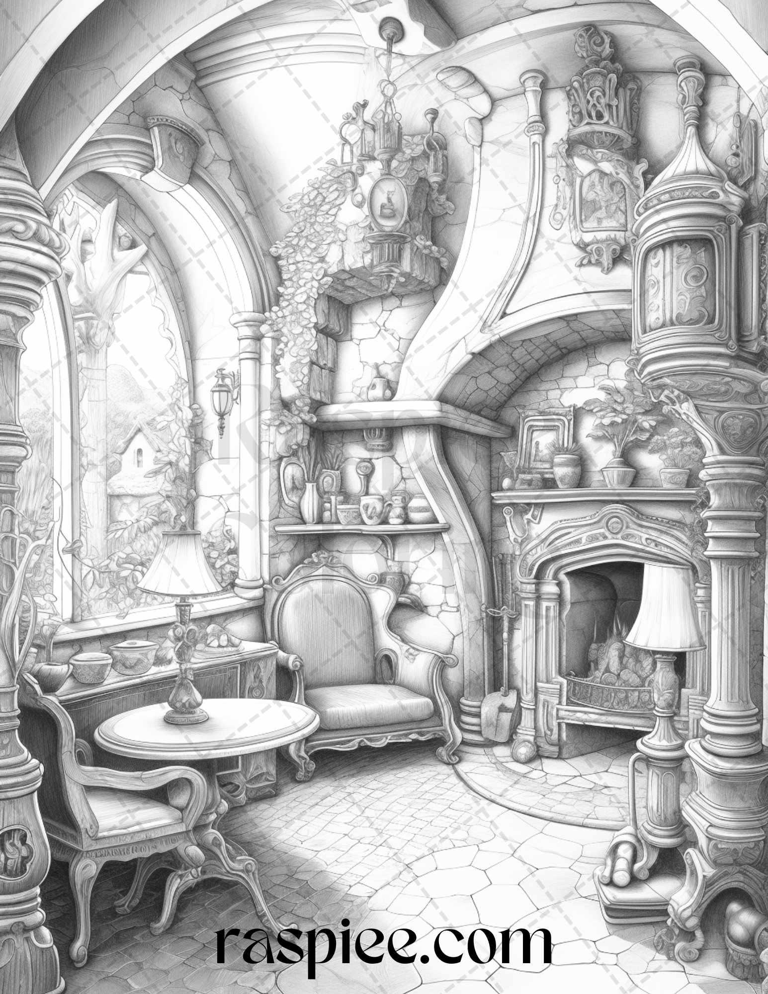 Fantasy Interior Grayscale Coloring Pages for Adults, Printable PDF File Instant Download