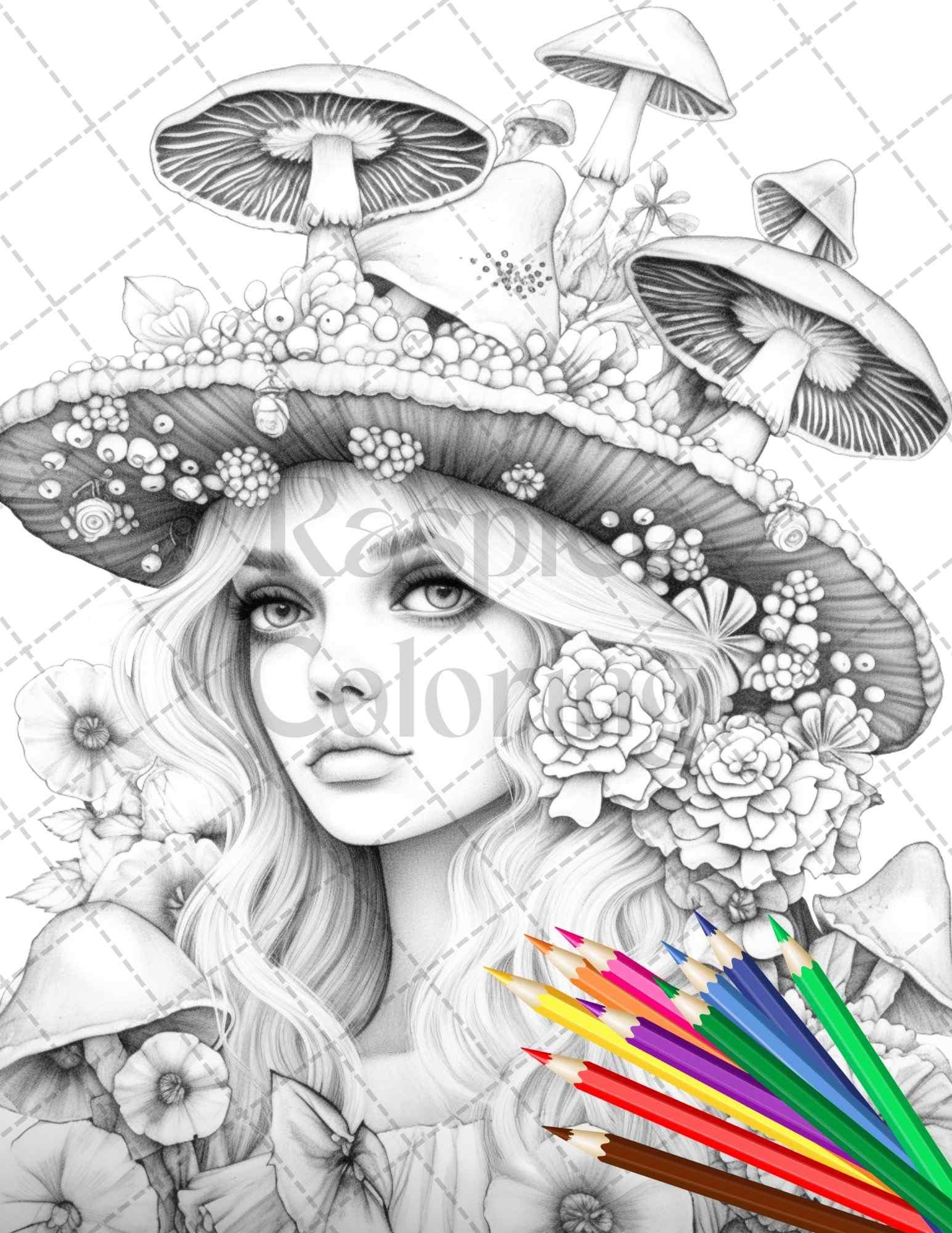 50 Mushroom Fairy Grayscale Coloring Pages Printable for Adults, PDF File Instant Download