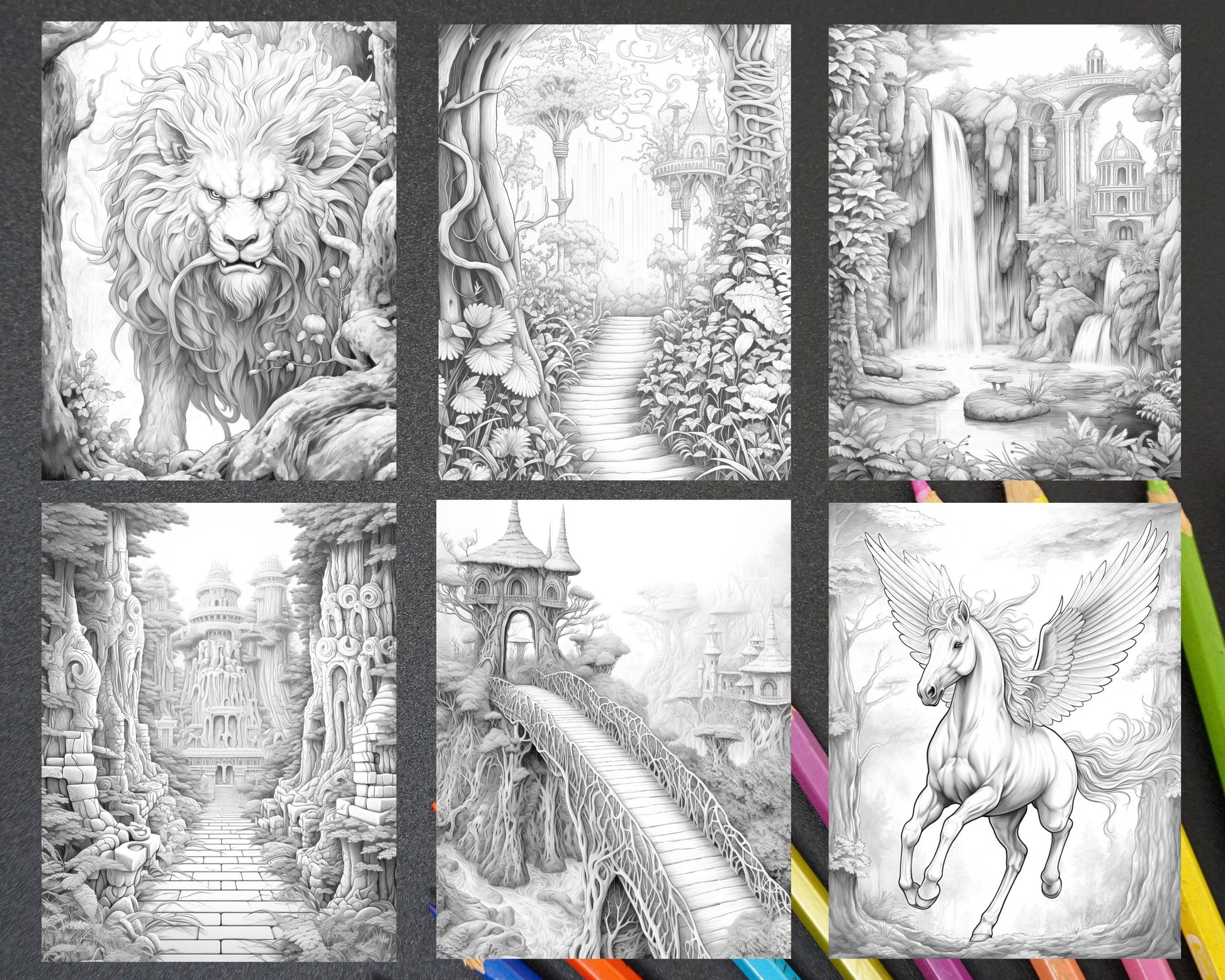 55 Mystical Forest Grayscale Adult Coloring Pages, Printable PDF Instant Download