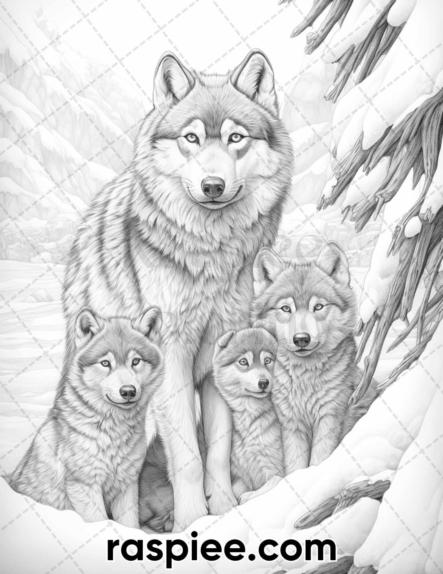 50 Winter Wolf Grayscale Coloring Pages for Adults, Printable PDF Instant Download