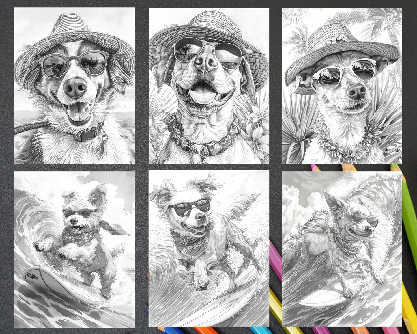 90 Summer Dogs Grayscale Adult Coloring Pages, Printable PDF Instant Download
