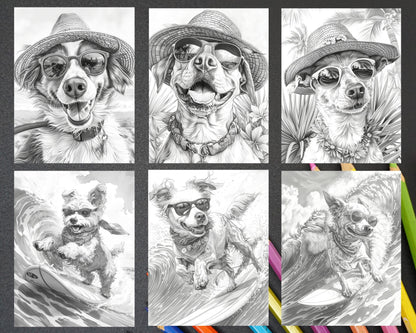 90 Summer Dogs Grayscale Adult Coloring Pages, Printable PDF Instant Download
