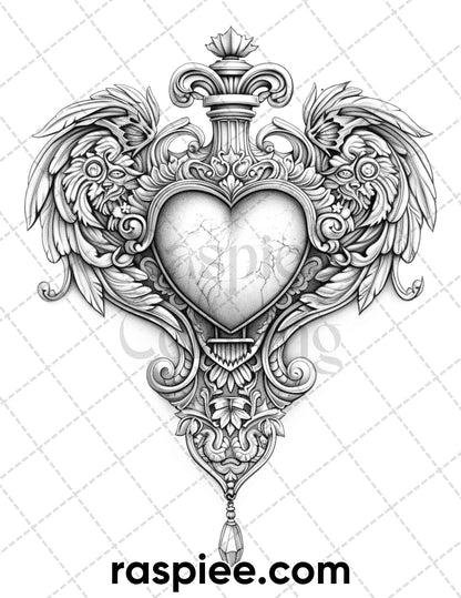 55 Gothic Valentines Day Grayscale Adult Coloring Pages, Printable PDF Instant Download