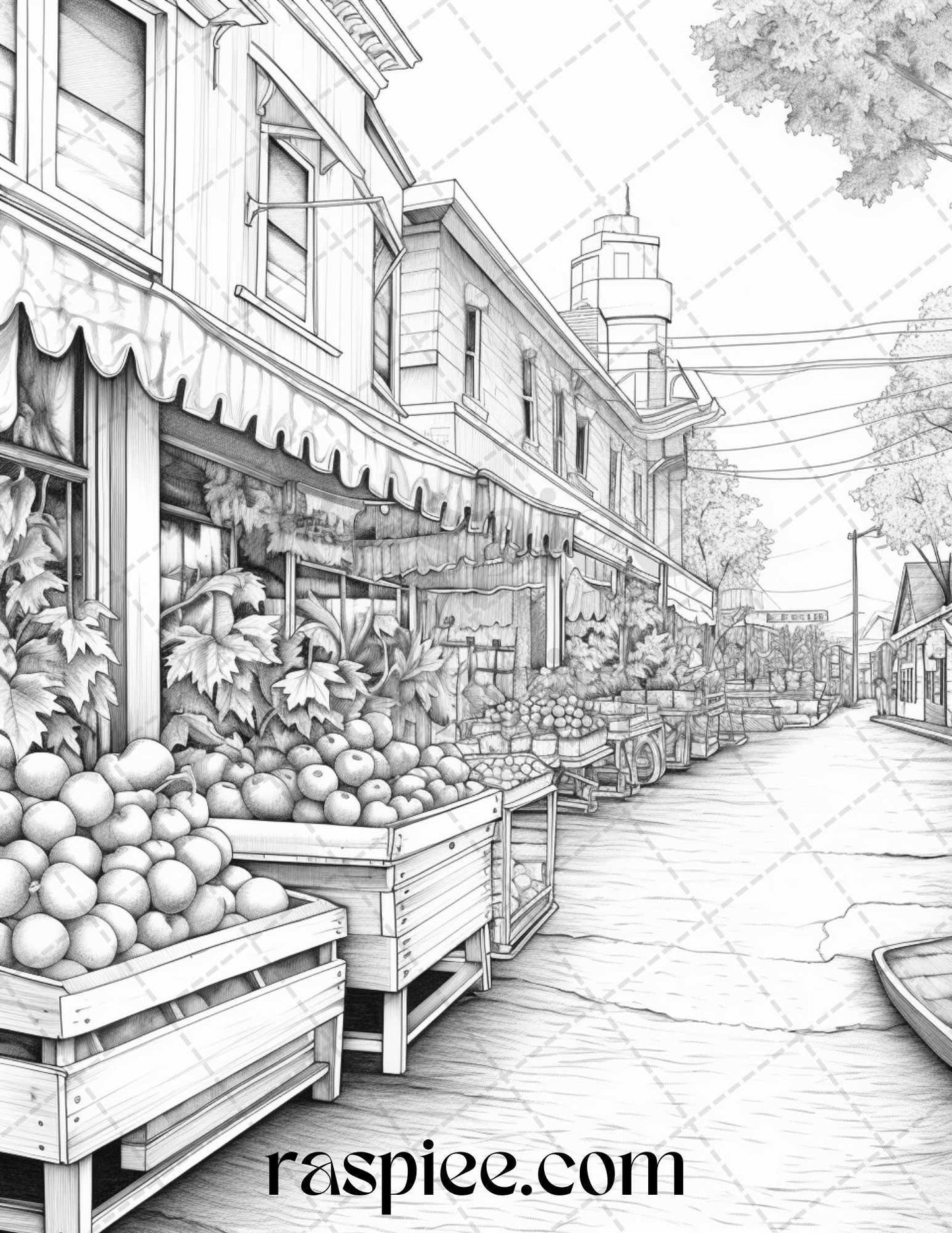 Autumn Street Markets Grayscale Coloring Pages for Adults, Printable PDF File Instant Download