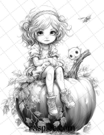 40 Pumpkin Fairy Girls Grayscale Coloring Pages Printable for Adults, PDF File Instant Download