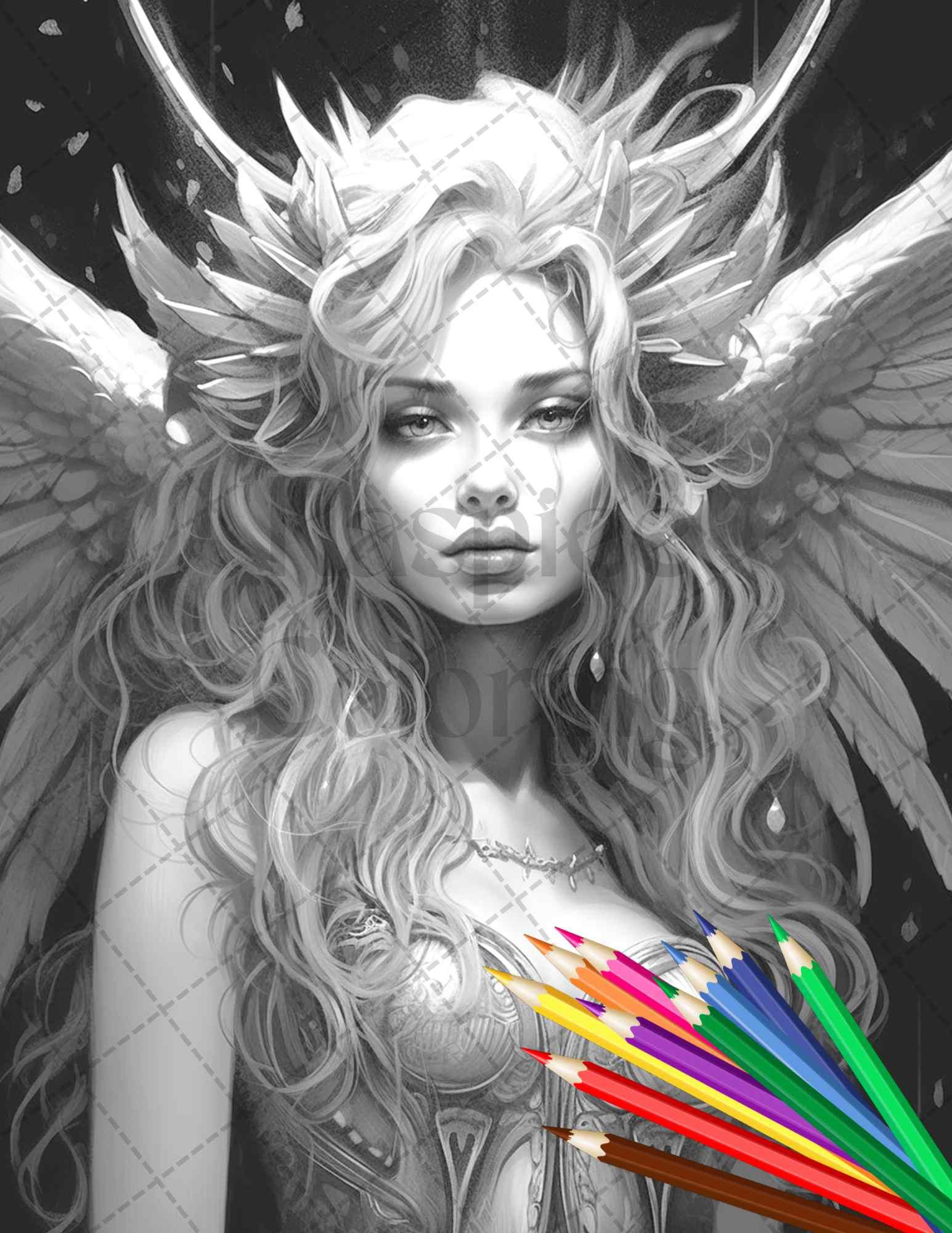 Beautiful Dark Fairy Grayscale Coloring Pages Printable for Adults, PDF File Instant Download