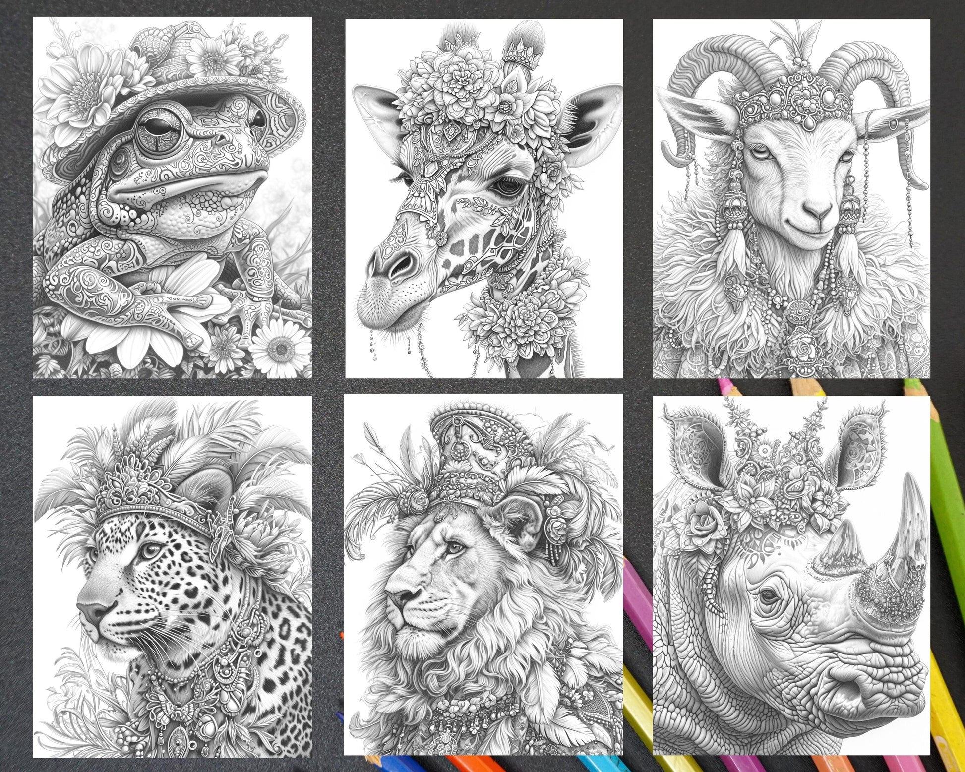 90 Mardi Gras Animals Grayscale Adult Coloring Pages, Printable PDF Instant Download
