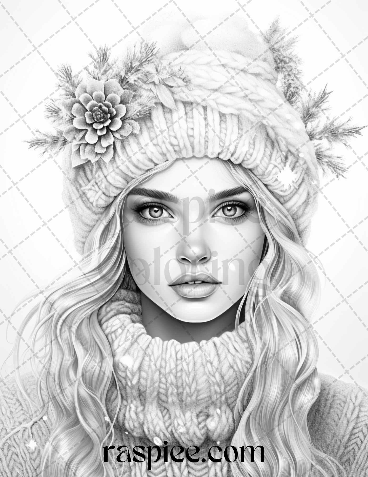 60 Beautiful Winter Girls Grayscale Coloring Pages Printable for Adults, PDF File Instant Download