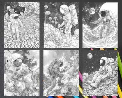 65 Fantasy Astronaut Grayscale Adult Coloring Pages, Printable PDF Instant Download