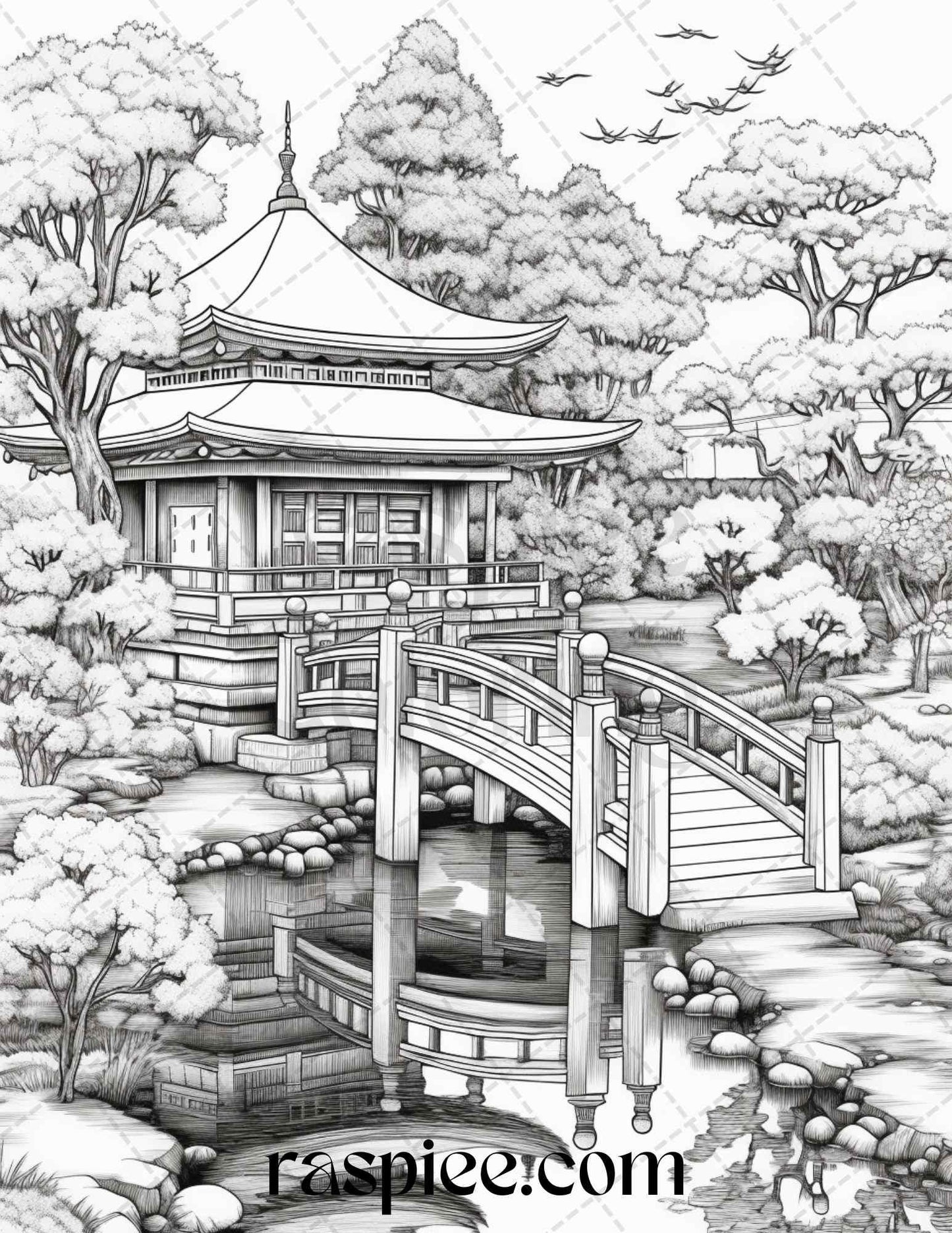 Japanese Garden Grayscale Coloring Pages Printable for Adults, PDF File Instant Download