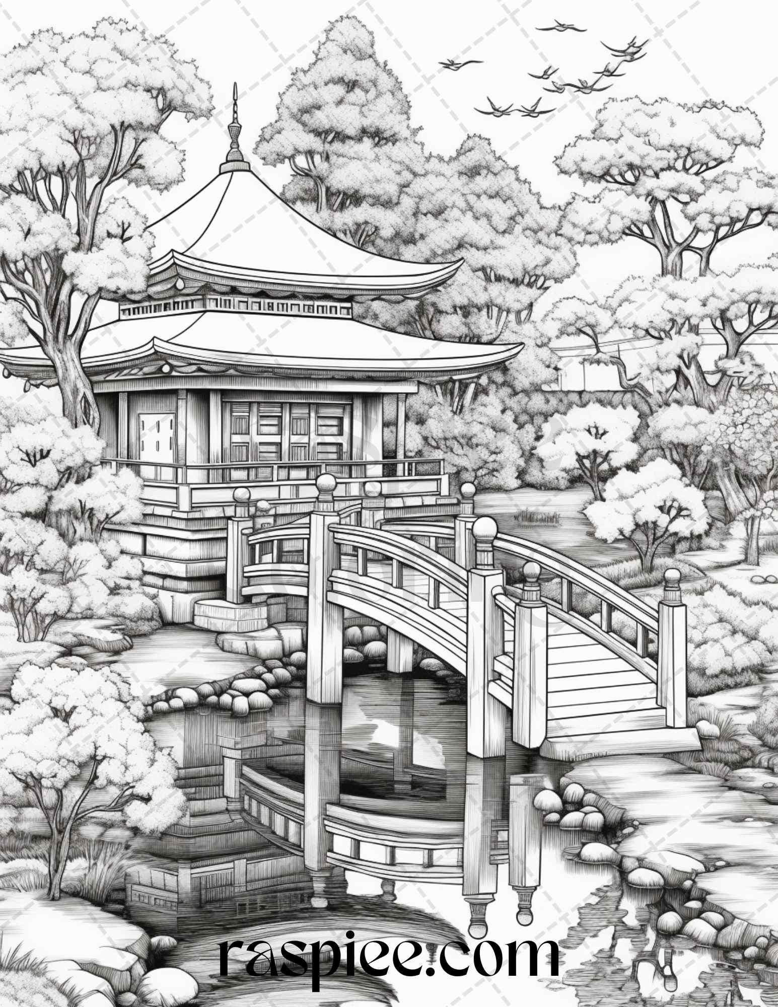 Japanese Garden Grayscale Coloring Pages Printable for Adults, PDF File Instant Download