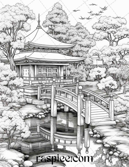 Japanese Garden Grayscale Coloring Pages Printable for Adults, PDF File Instant Download
