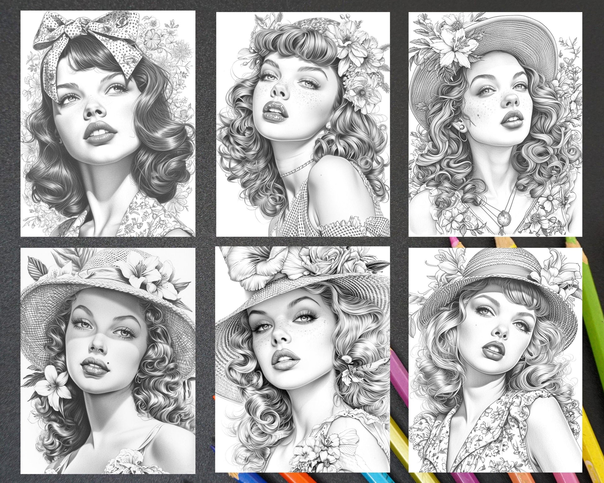 50 Vintage Spring Pin Up Girls Grayscale Adult Coloring Pages, Printable PDF Instant Download