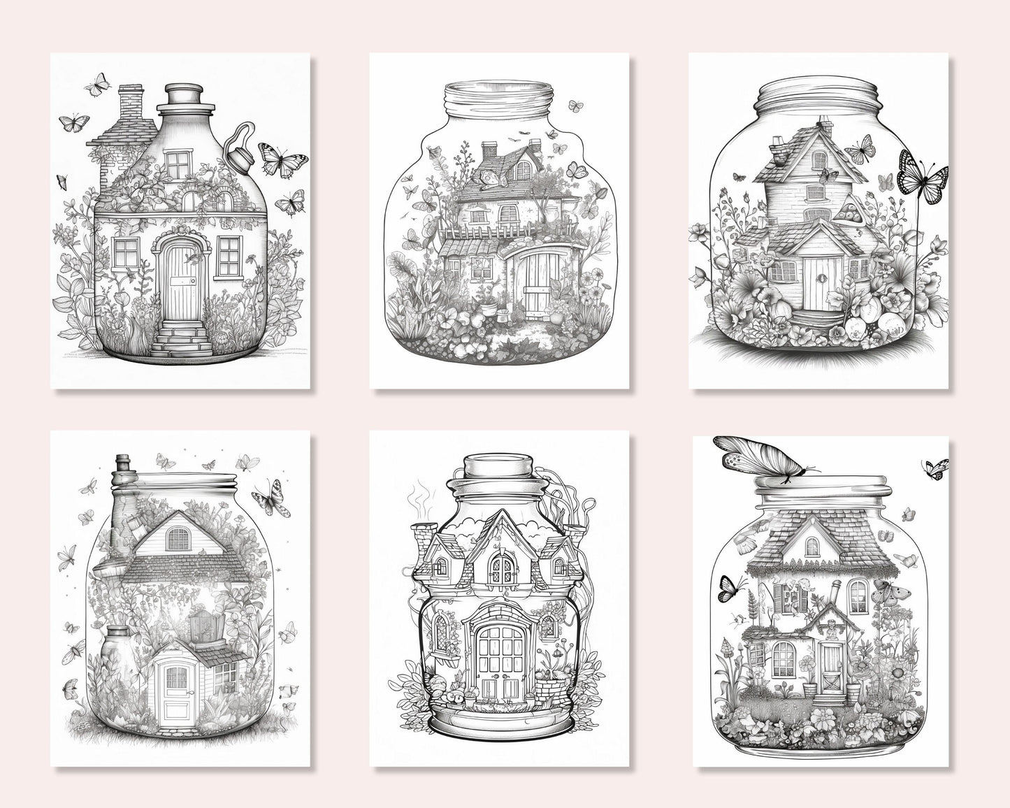 50 Printable Fairy Houses in Jar Coloring Pages for Adults, Grayscale Coloring Book, Stress Relief Coloring Pages, Printable PDF Instant Download
