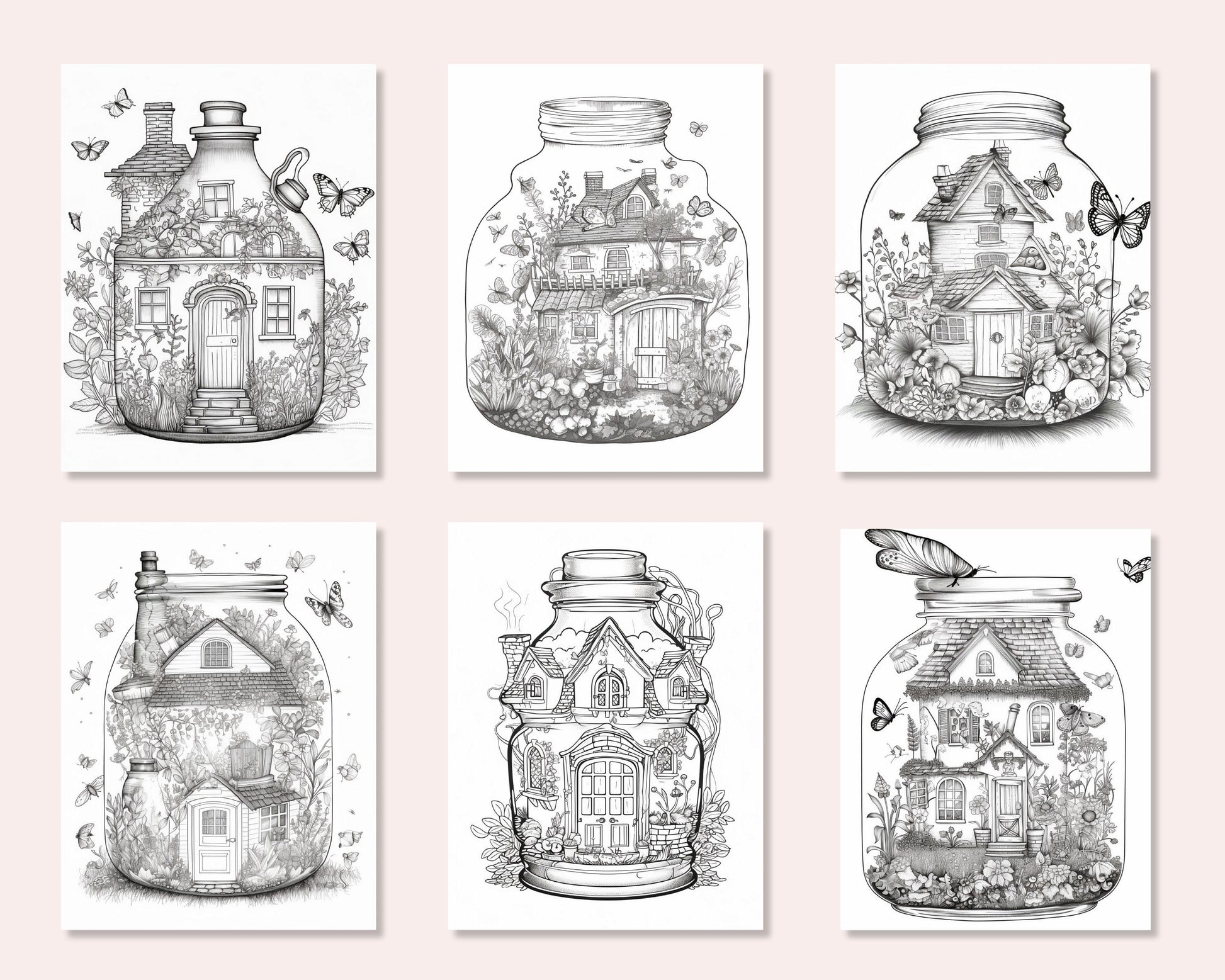 50 Printable Fairy Houses in Jar Coloring Pages for Adults, Grayscale Coloring Book, Stress Relief Coloring Pages, Printable PDF Instant Download