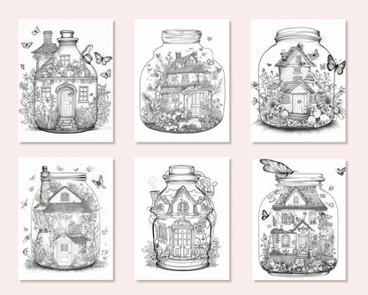 50 Printable Fairy Houses in Jar Coloring Pages for Adults, Grayscale Coloring Book, Stress Relief Coloring Pages, Printable PDF Instant Download
