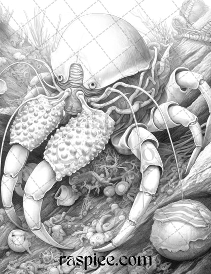 Ocean Life Grayscale Coloring Pages Printable for Adults Relaxation and Creativity, PDF File Instant Download