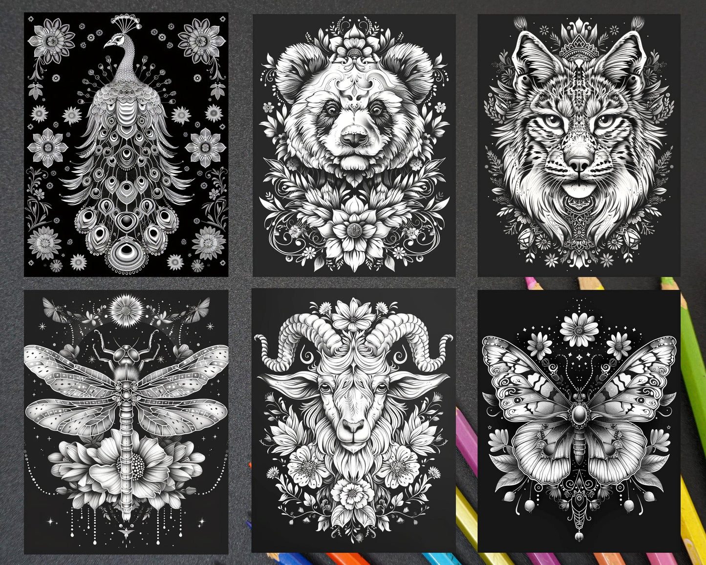 87 Spirit Animals Grayscale Adult Coloring Pages Printable PDF Instant Download