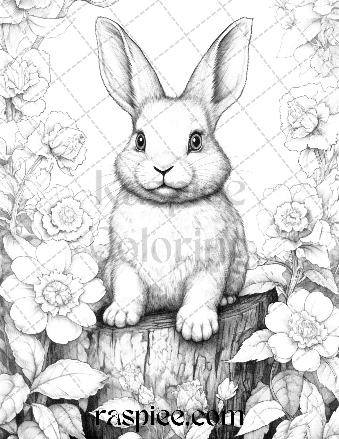 50 Rabbit Garden Grayscale Coloring Pages Printable for Adults, PDF File Instant Download