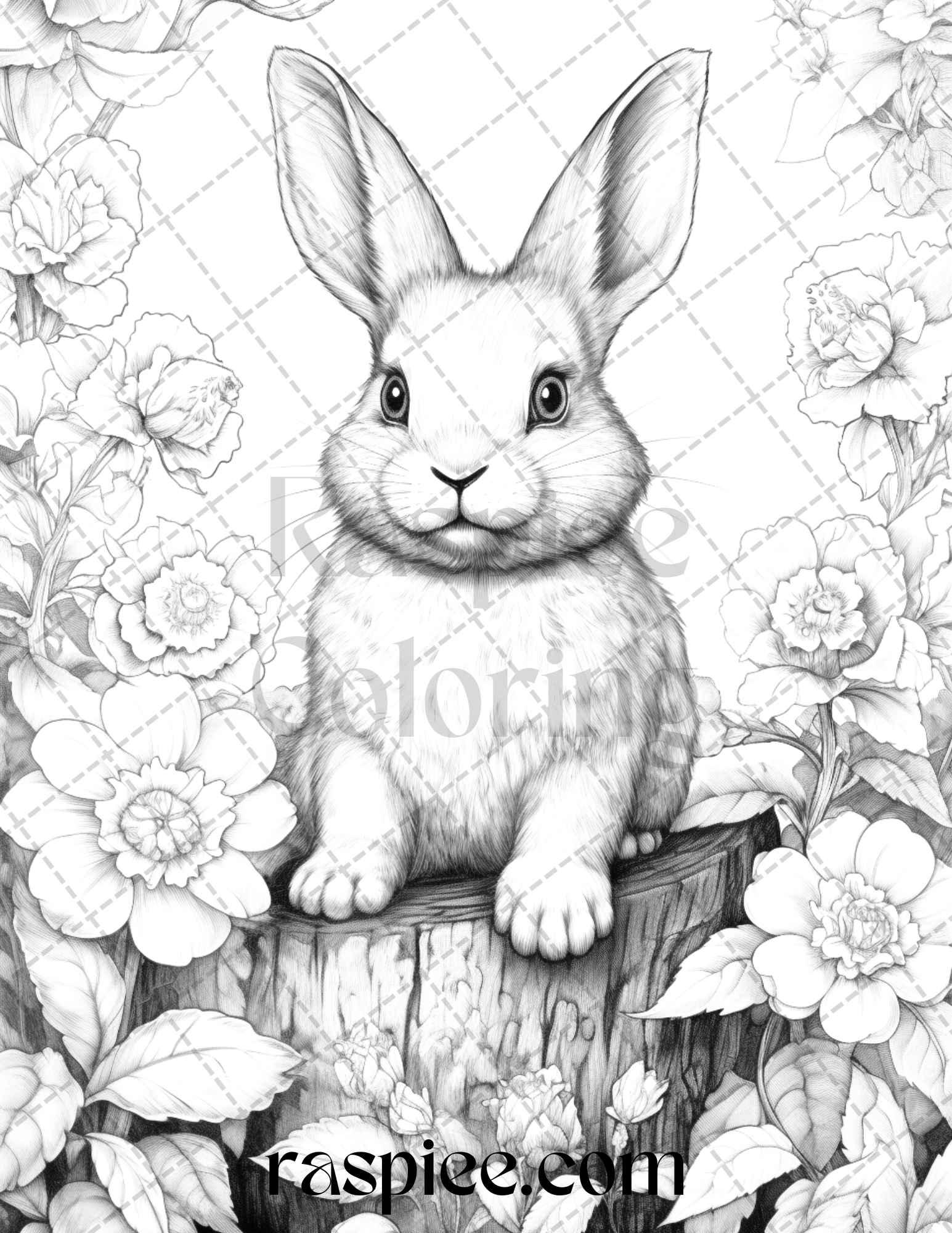 50 Rabbit Garden Grayscale Coloring Pages Printable for Adults, PDF File Instant Download