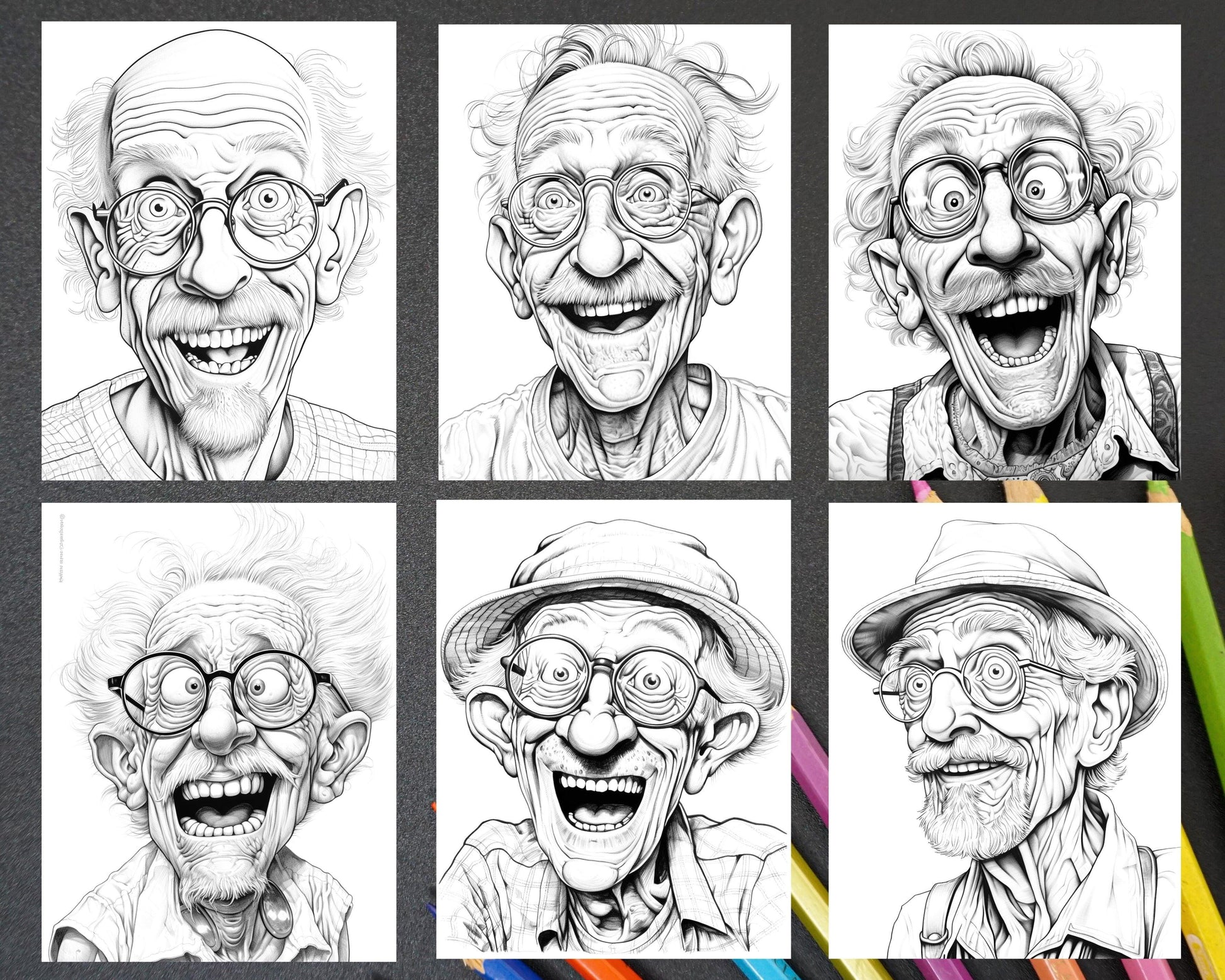 50 Funny Grandpa Grayscale Coloring Pages for Adults, Printable PDF Instant Download
