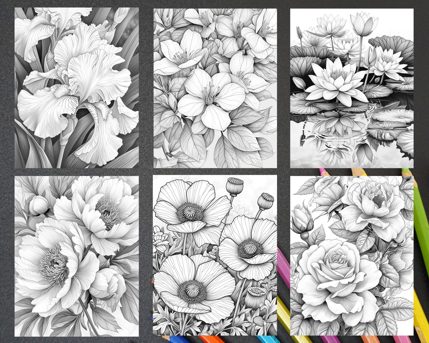 60 Spring Blossoms Grayscale Adult Coloring Pages, Printable PDF Instant Download