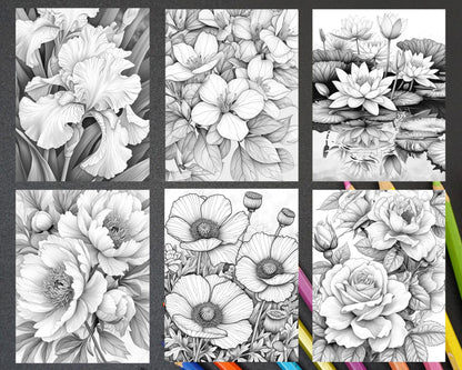 60 Spring Blossoms Grayscale Adult Coloring Pages, Printable PDF Instant Download