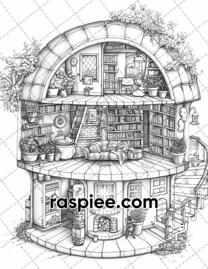 60 Isometric House Grayscale Adult Coloring Pages, Printable PDF Instant Download