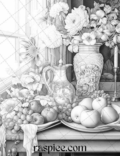 52 Still Life Grayscale Coloring Pages Printable for Adults, PDF File Instant Download