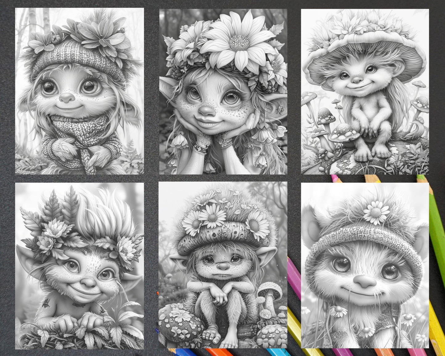 65 Fantasy Little Trolls Grayscale Adult Coloring Pages Printable PDF Instant Download