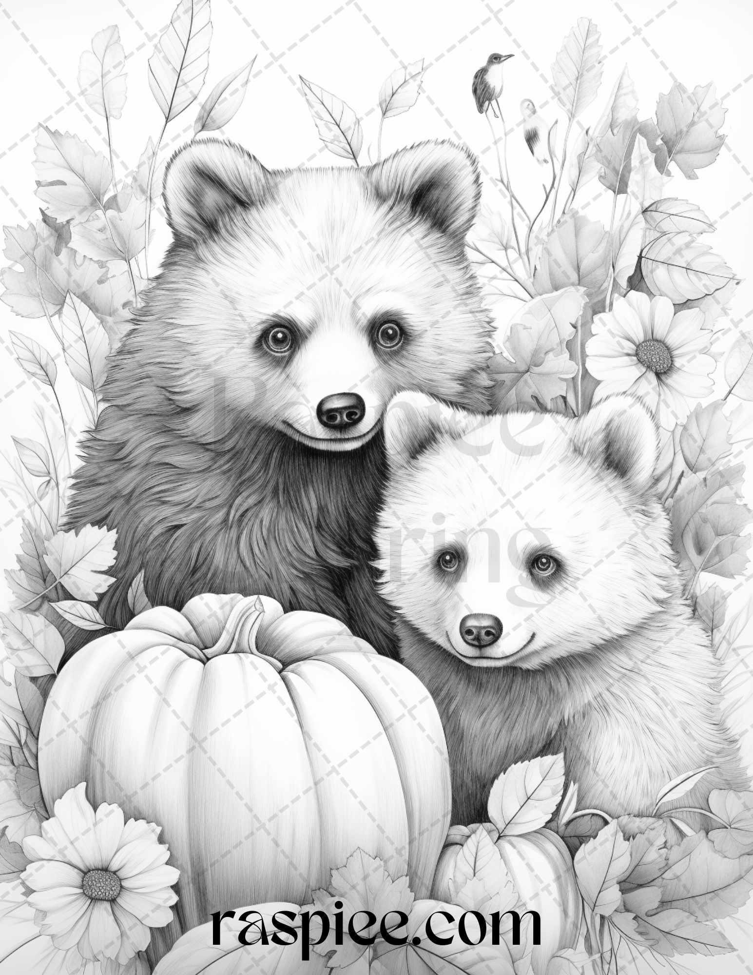 Autumn Animals Grayscale Coloring Pages for Adults and Kids, Printable PDF File Instant Download