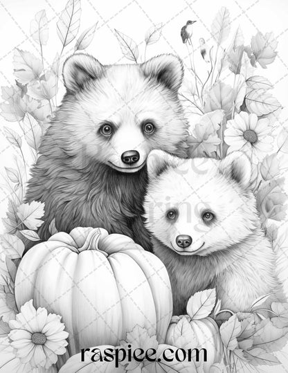 Autumn Animals Grayscale Coloring Pages for Adults and Kids, Printable PDF File Instant Download