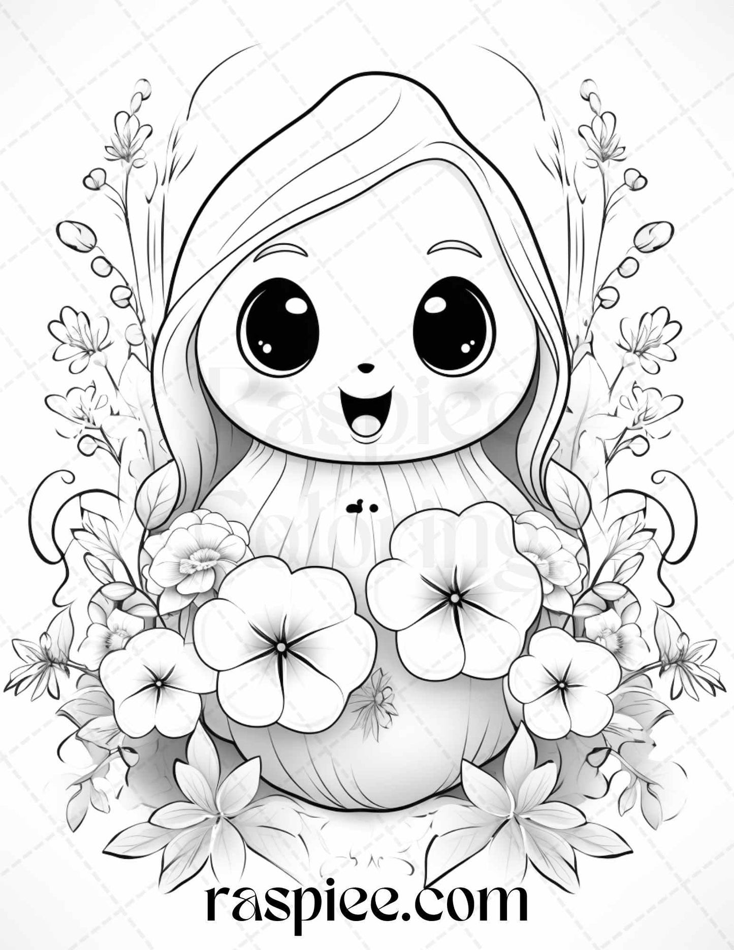 50 Halloween Cute Ghosts Grayscale Coloring Printable for Adults Kids, PDF File Instant Download