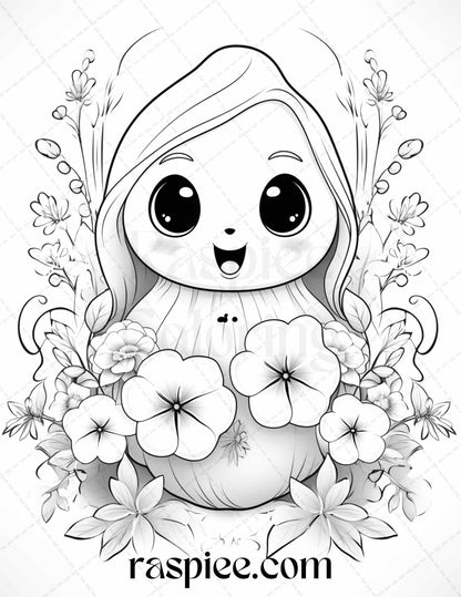 50 Halloween Cute Ghosts Grayscale Coloring Printable for Adults Kids, PDF File Instant Download