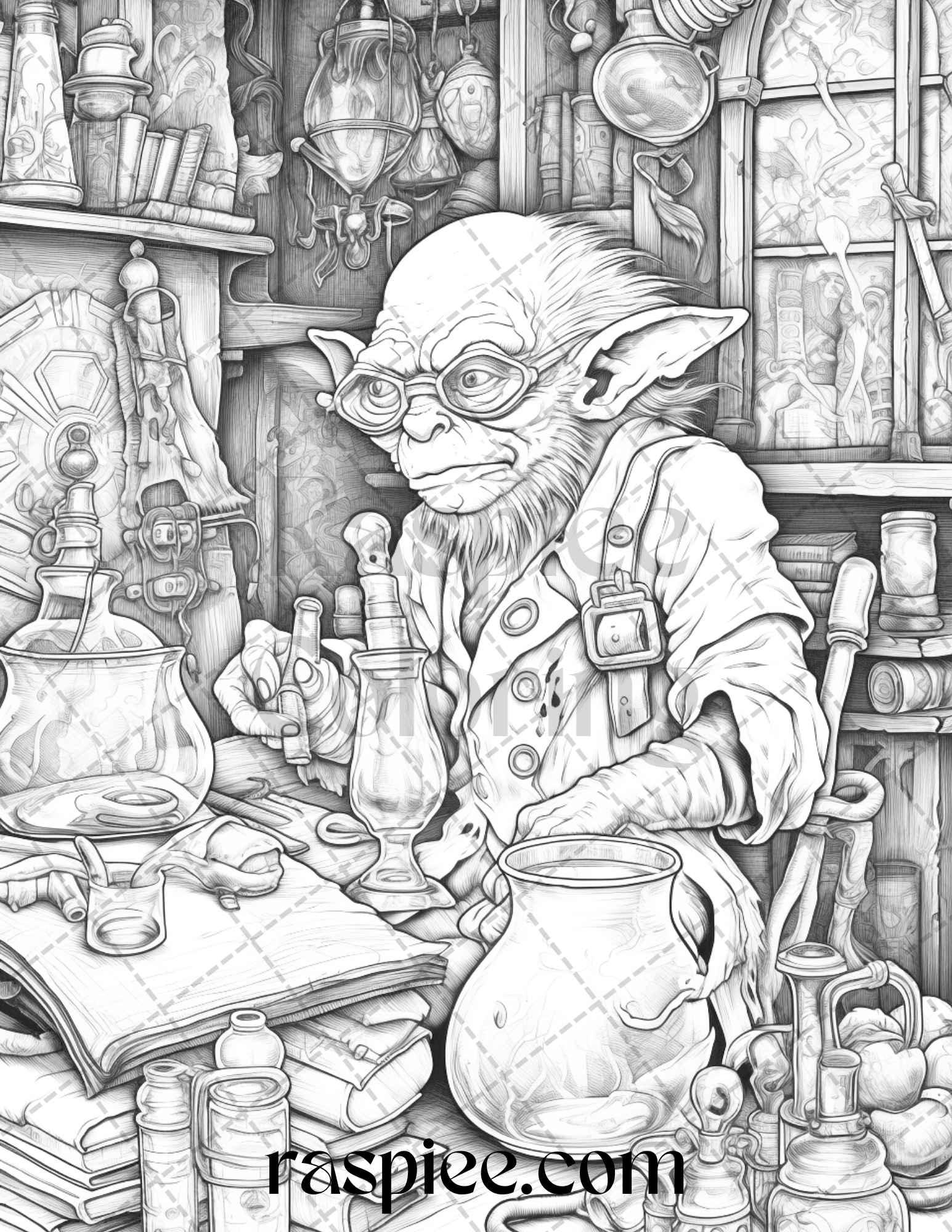 Fantasy Goblins Grayscale Coloring Pages Printable for Adults, PDF File Instant Download
