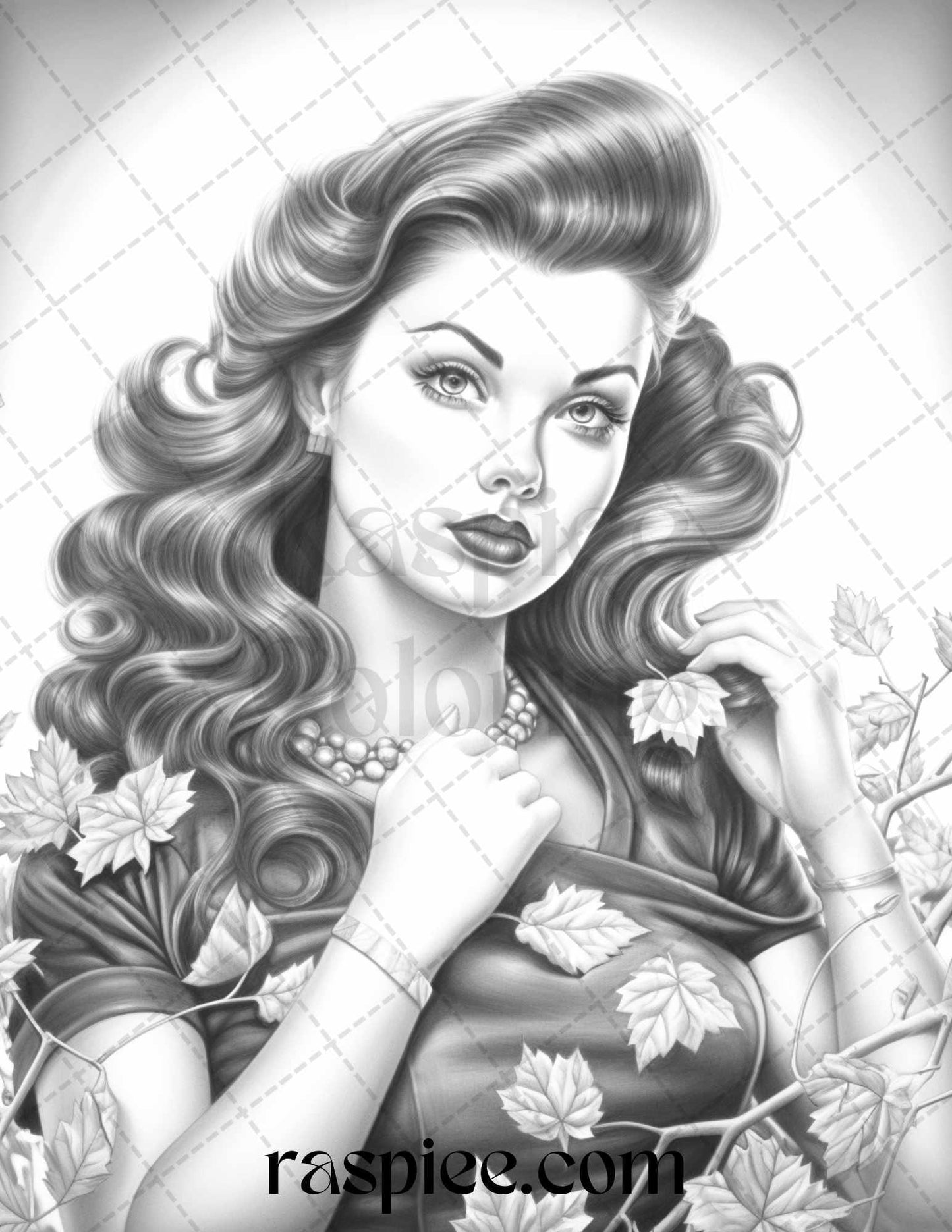 55 Autumn Pin Up Girls Grayscale Coloring Pages Printable for Adults, PDF File Instant Download