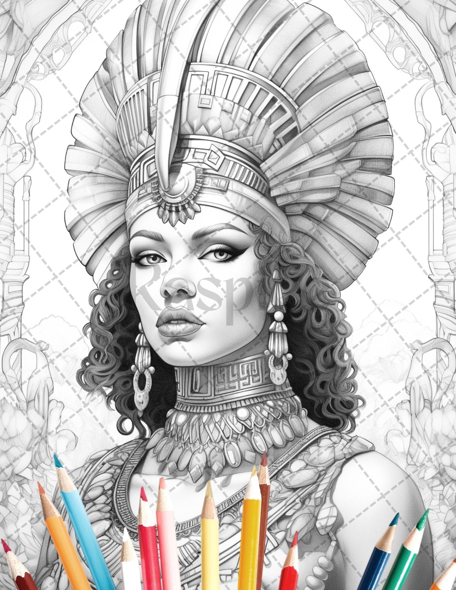 35 Ancient Egyptian Queens Coloring Book Printable for Adults, Grayscale Coloring Page, PDF File Instant Download