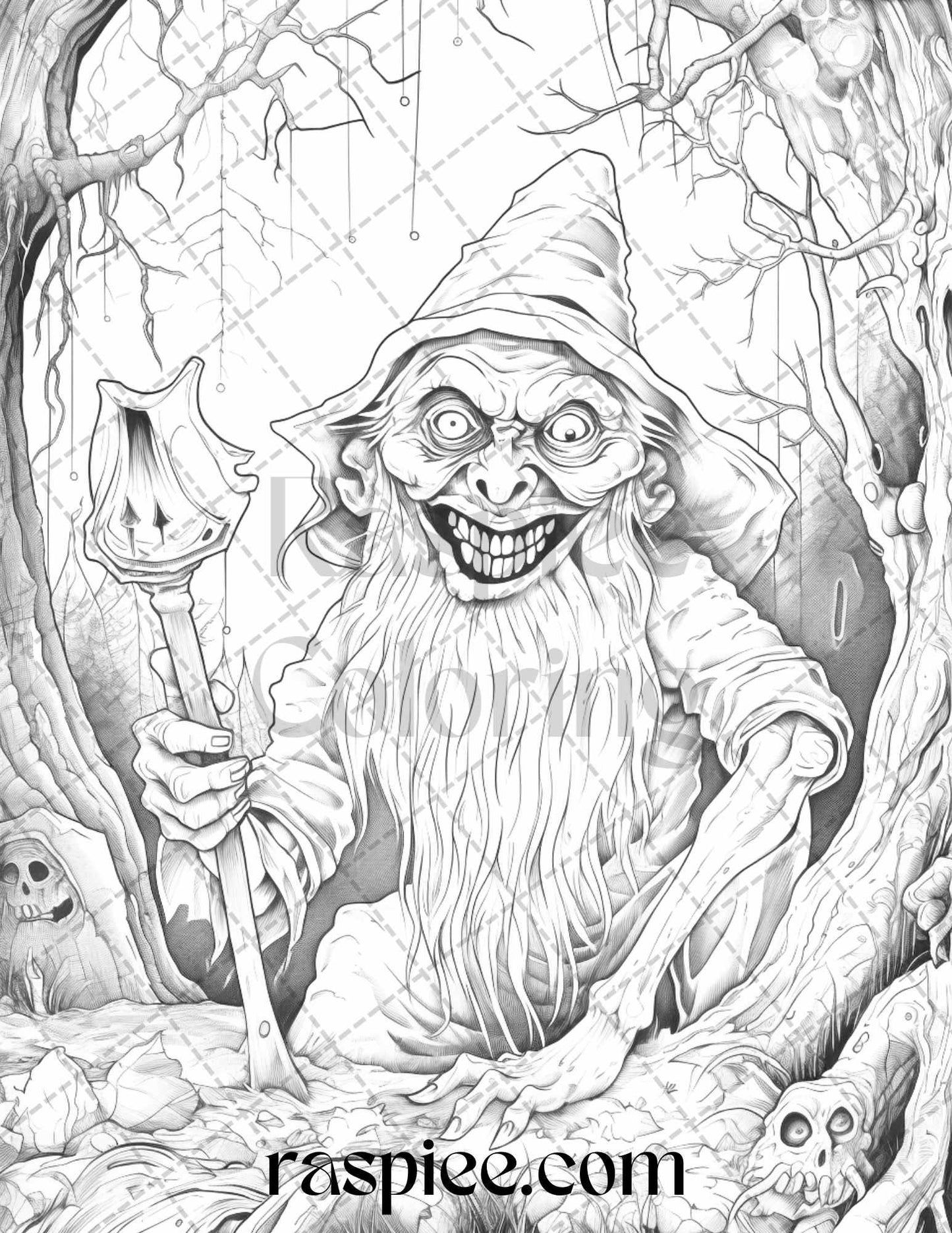 50 Horror Zombie Gnomes Grayscale Coloring Pages Printable for Adults, PDF File Instant Download