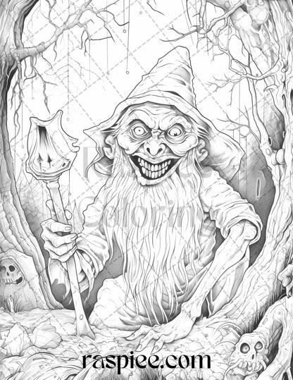 50 Horror Zombie Gnomes Grayscale Coloring Pages Printable for Adults, PDF File Instant Download