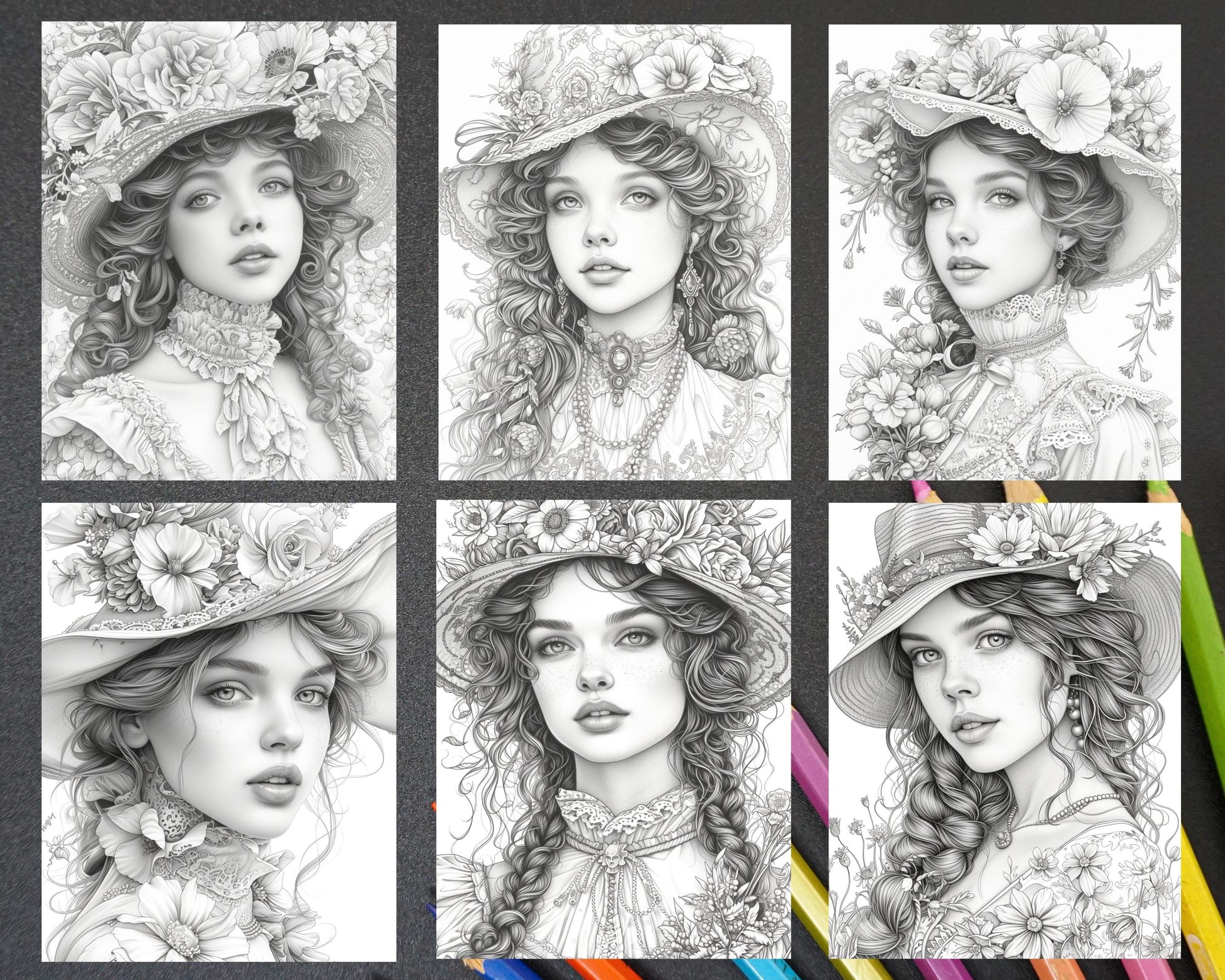 62 Spring Victorian Girl Portraits Grayscale Adult Coloring Pages, Printable PDF Instant Download