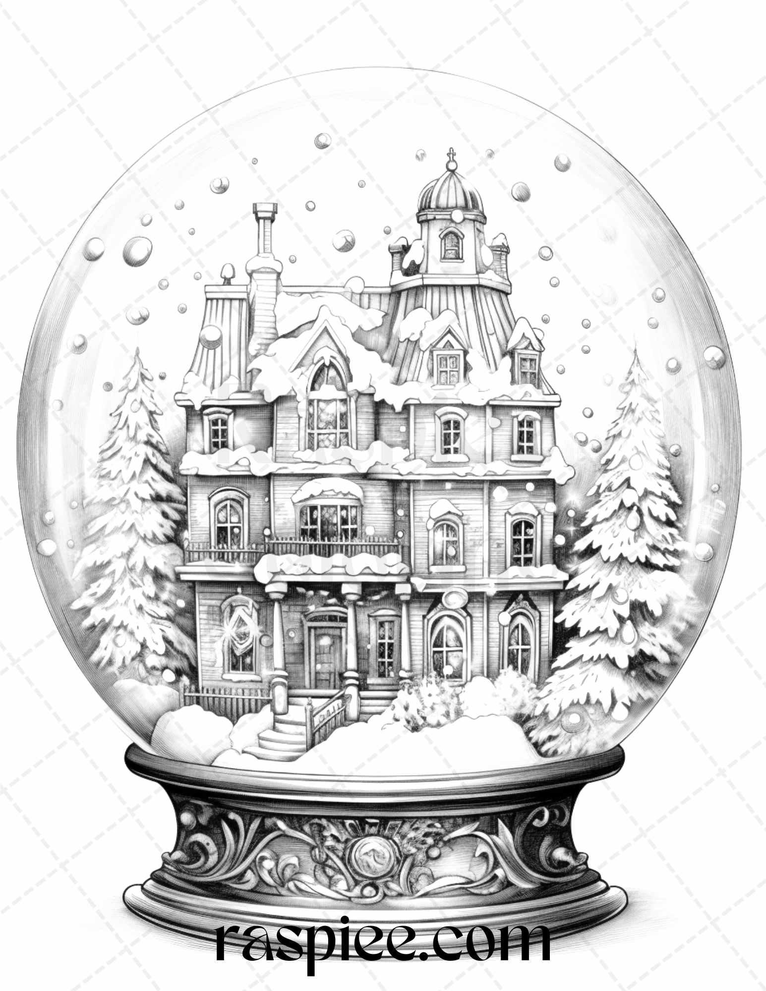 Cozy Cabin in Snow Globe Grayscale Coloring Pages Printable for Adults, PDF File Instant Download