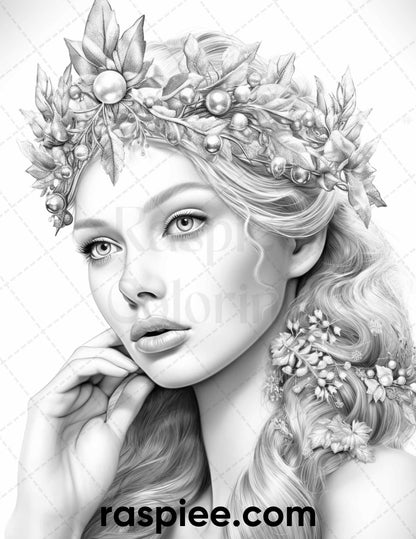 50 Winter Queens Portrait Grayscale Coloring Pages Printable for Adults, PDF File Instant Download