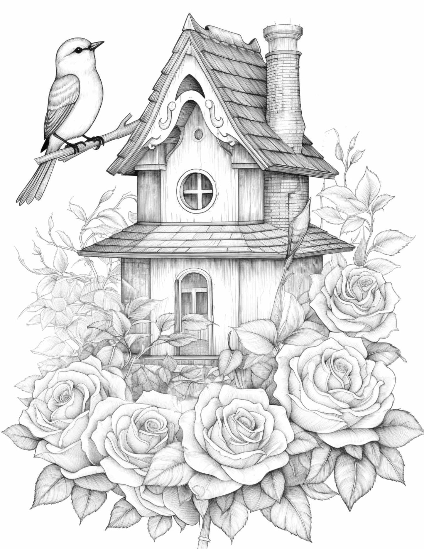 Free Flower Bird House Grayscale Coloring Pages Printable for Adults, PDF File Instant Download