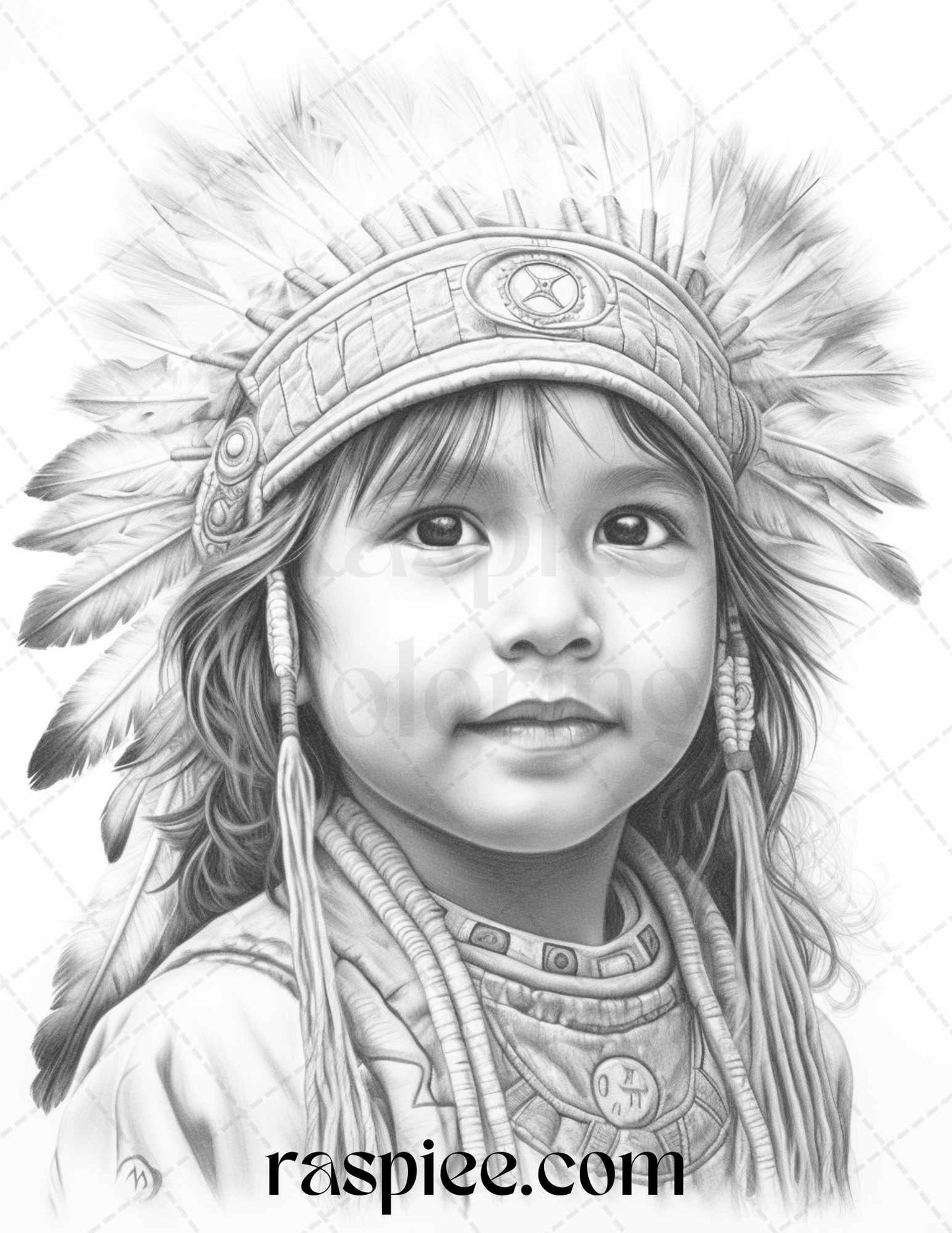 50 Native American Little Girls Boys Grayscale Coloring Pages Printable for Adults Kids, PDF File Instant Download