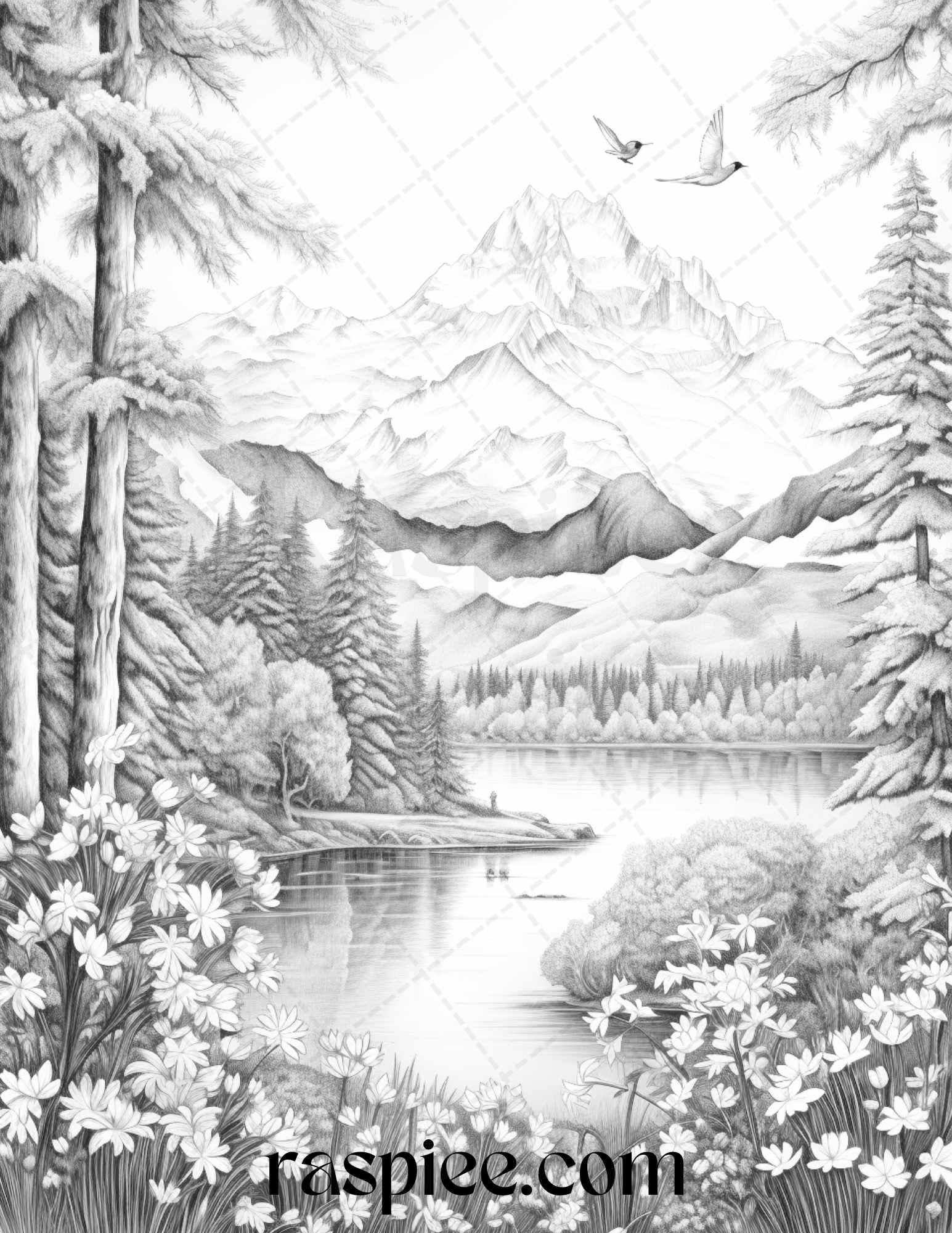 60 Mountain Flower Landscapes Grayscale Coloring Pages Printable for Adults, PDF File Instant Download