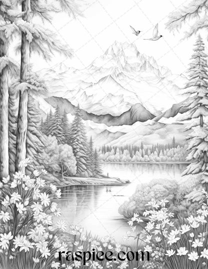 60 Mountain Flower Landscapes Grayscale Coloring Pages Printable for Adults, PDF File Instant Download