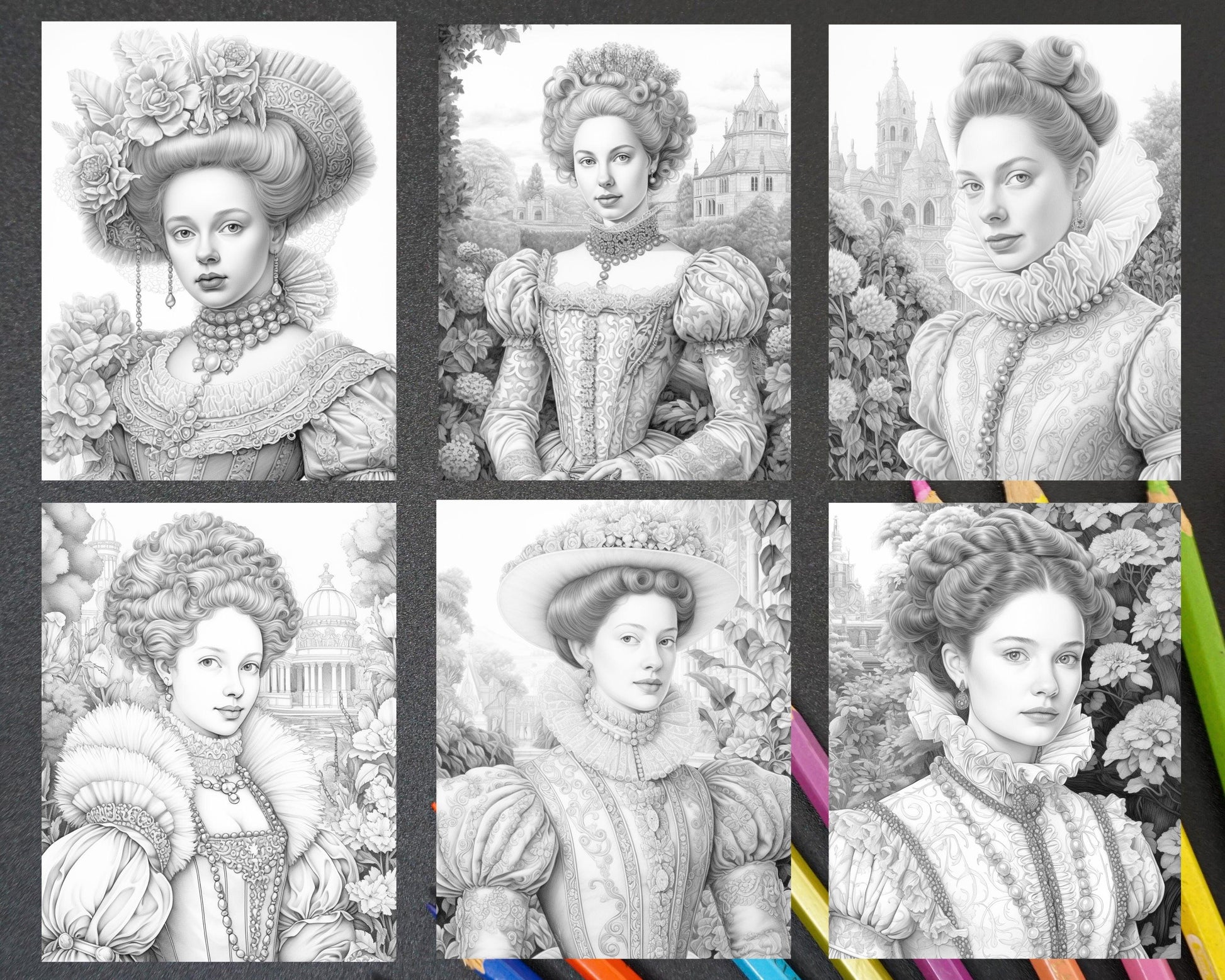 65 Elizabethan Women Portraits Grayscale Adult Coloring Pages, Printable PDF Instant Download