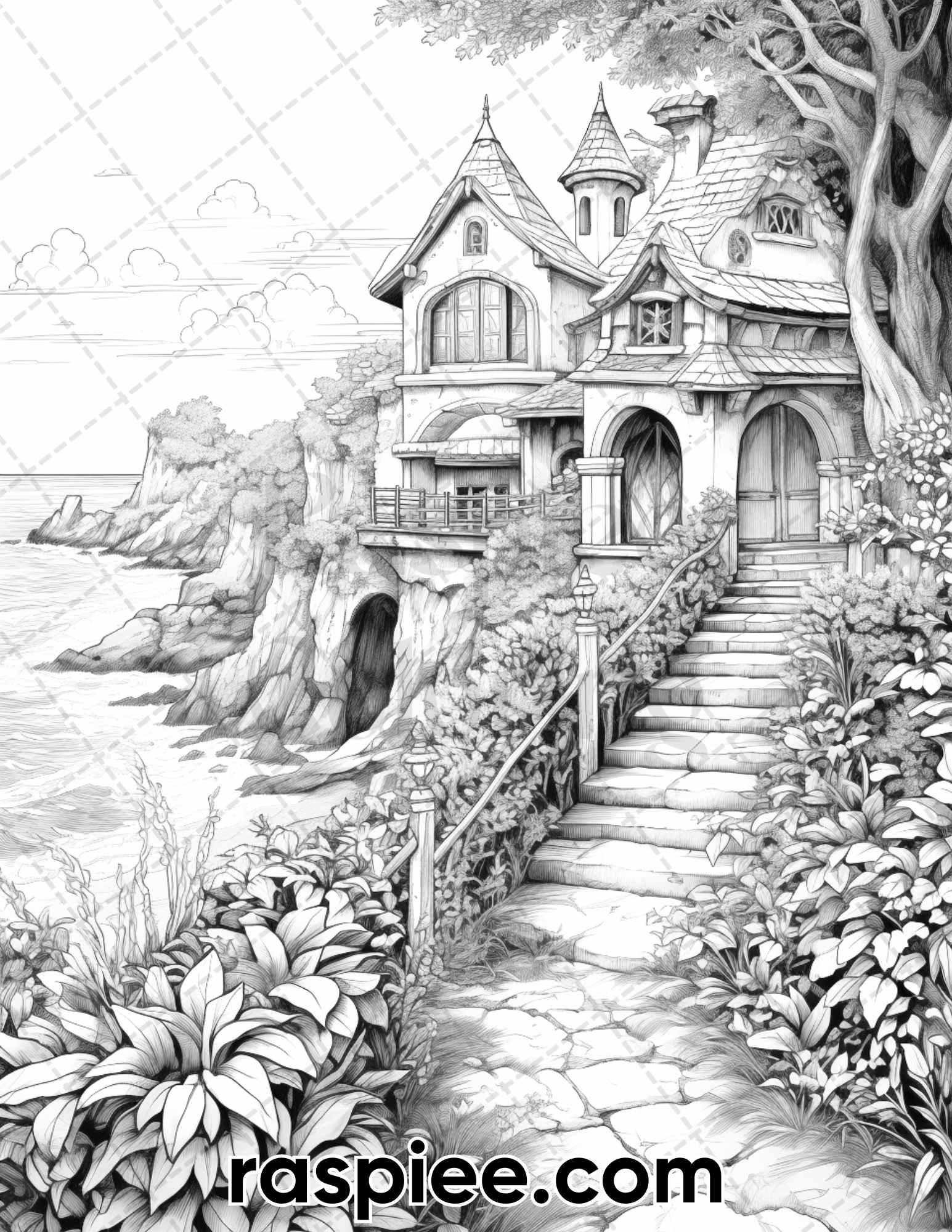 50 Fairy Beach Houses Grayscale Coloring Pages for Adults, Printable PDF Instant Download