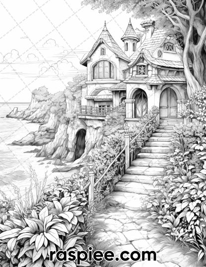 50 Fairy Beach Houses Grayscale Coloring Pages for Adults, Printable PDF Instant Download