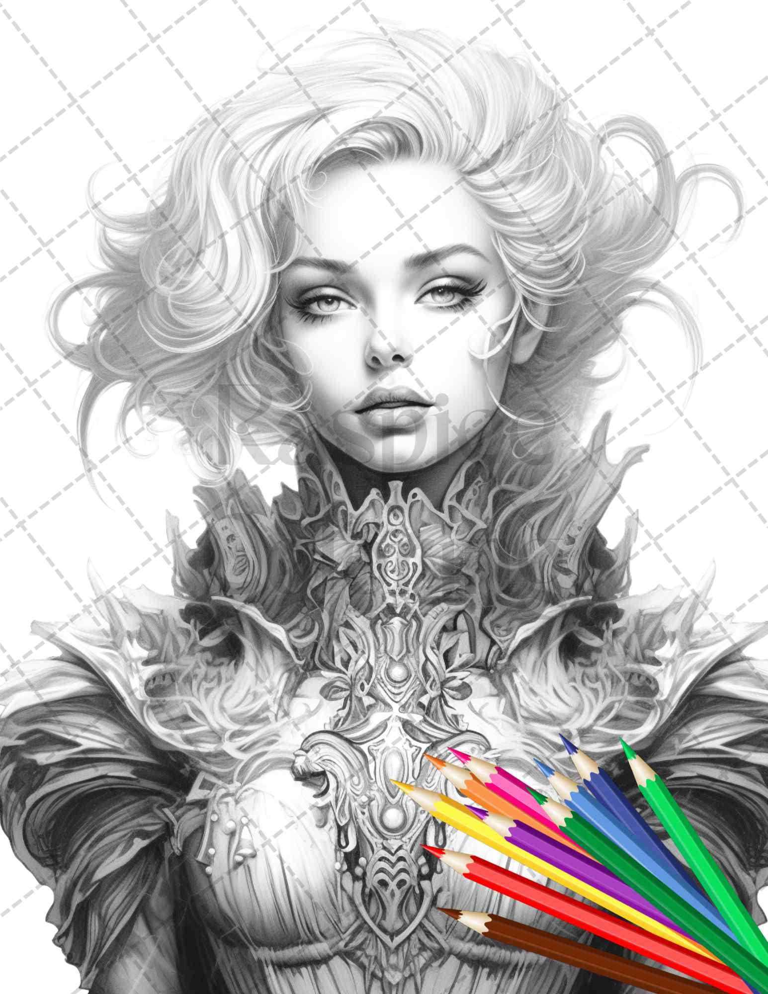 40 Beautiful Gothic Girls Grayscale Coloring Pages Printable for Adults, PDF File Instant Download